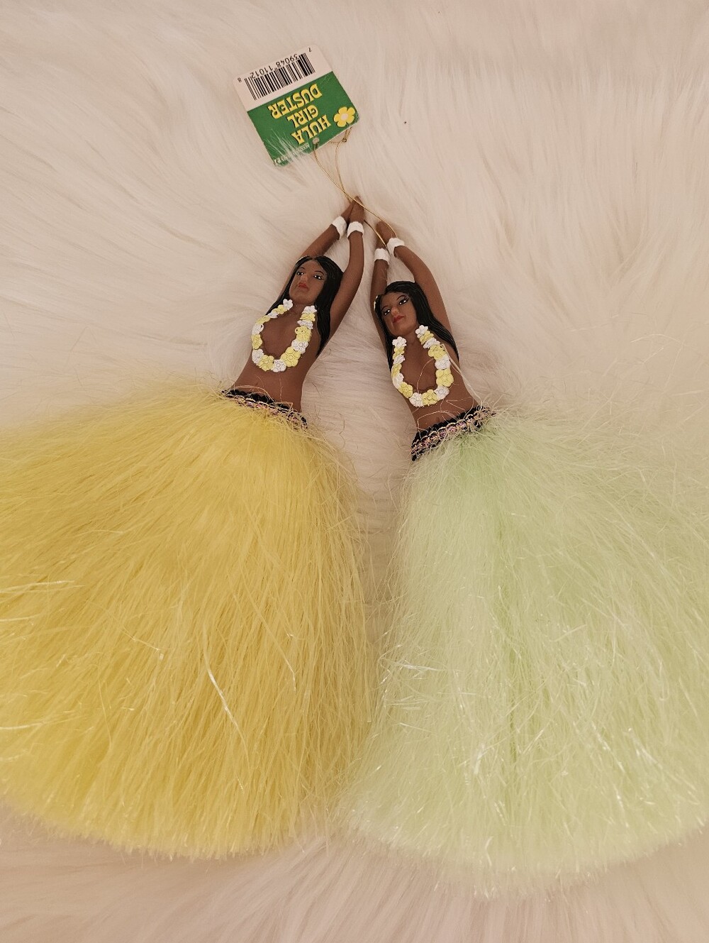 2 Hula Girl Skirt Dusters / Ornament - Yellow and Light Green